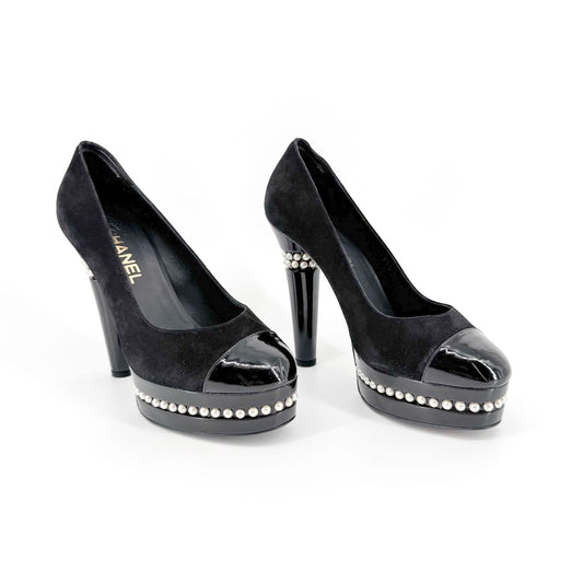 Chanel Pearl-Embellished Cap Toe Platform Pumps in Black Suede Size 38.5