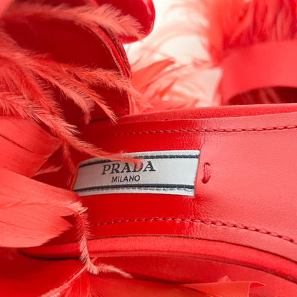 Prada Feather-Trimmed Satin Sandals in Red Size 36