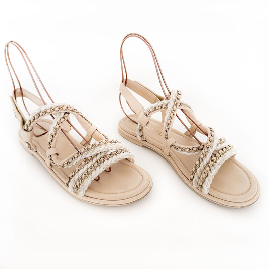 Chanel Chain & Cord Gladiator Sandals in Beige Leather Size 39.5