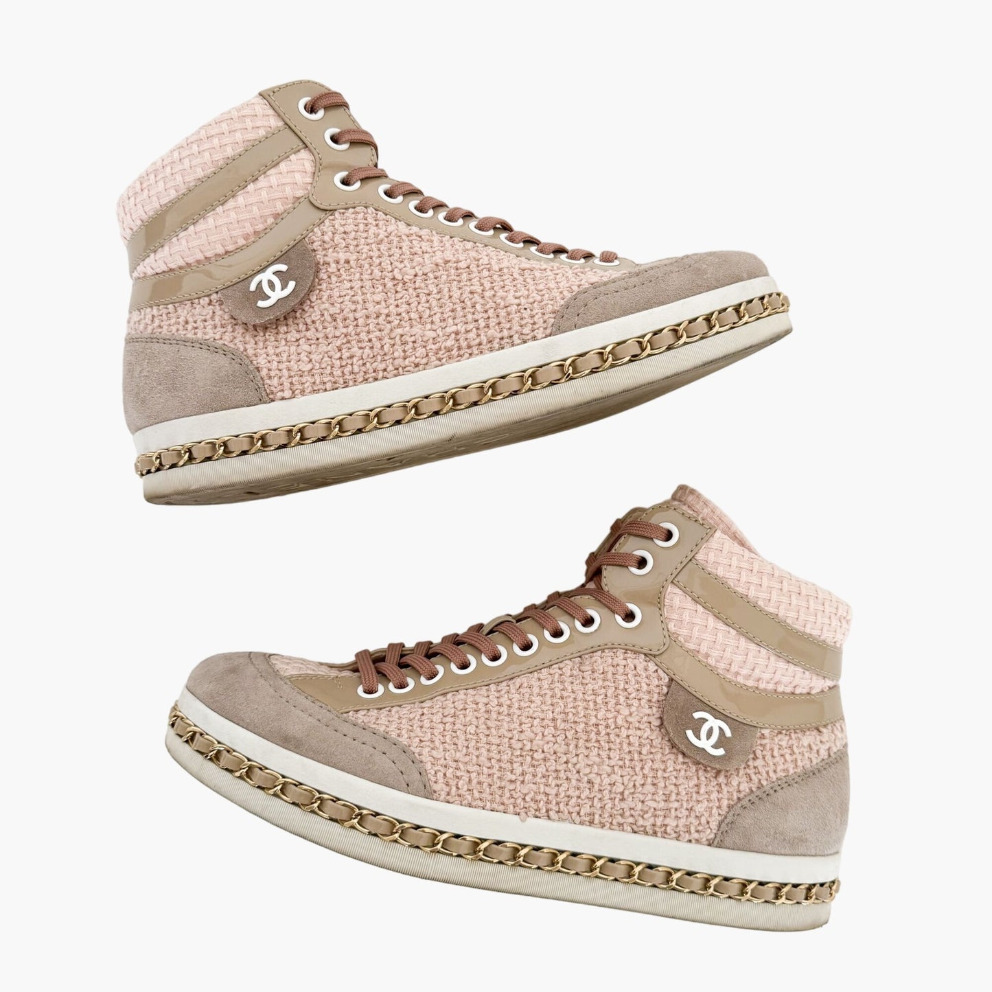 Chanel High Top Chain Sneakers in Light Pink Tweed Size 37.5