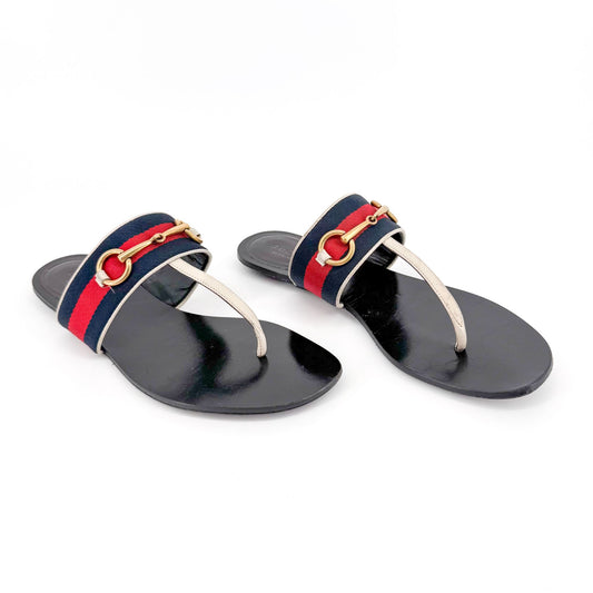 Gucci Horsebit Web Stripe T-Strap Thong Sandals in White Leather – Size 38