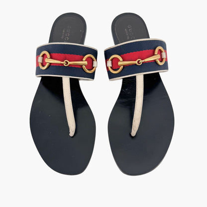 Gucci Horsebit Web Stripe T-Strap Thong Sandals in White Leather – Size 38