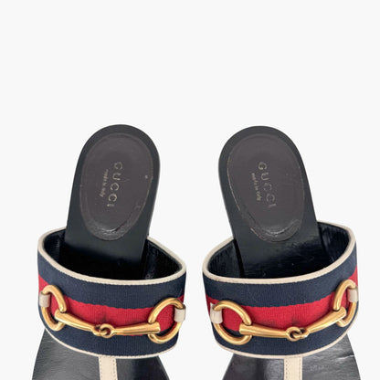 Gucci Horsebit Web Stripe T-Strap Thong Sandals in White Leather – Size 38