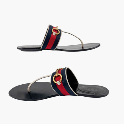 Gucci Horsebit Web Stripe T-Strap Thong Sandals in White Leather – Size 38
