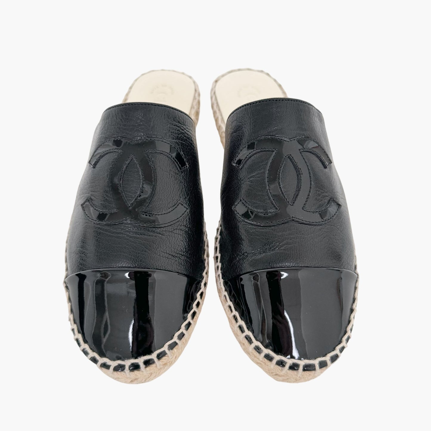 Chanel CC Espadrille Mule Flats in Black Leather Size 37