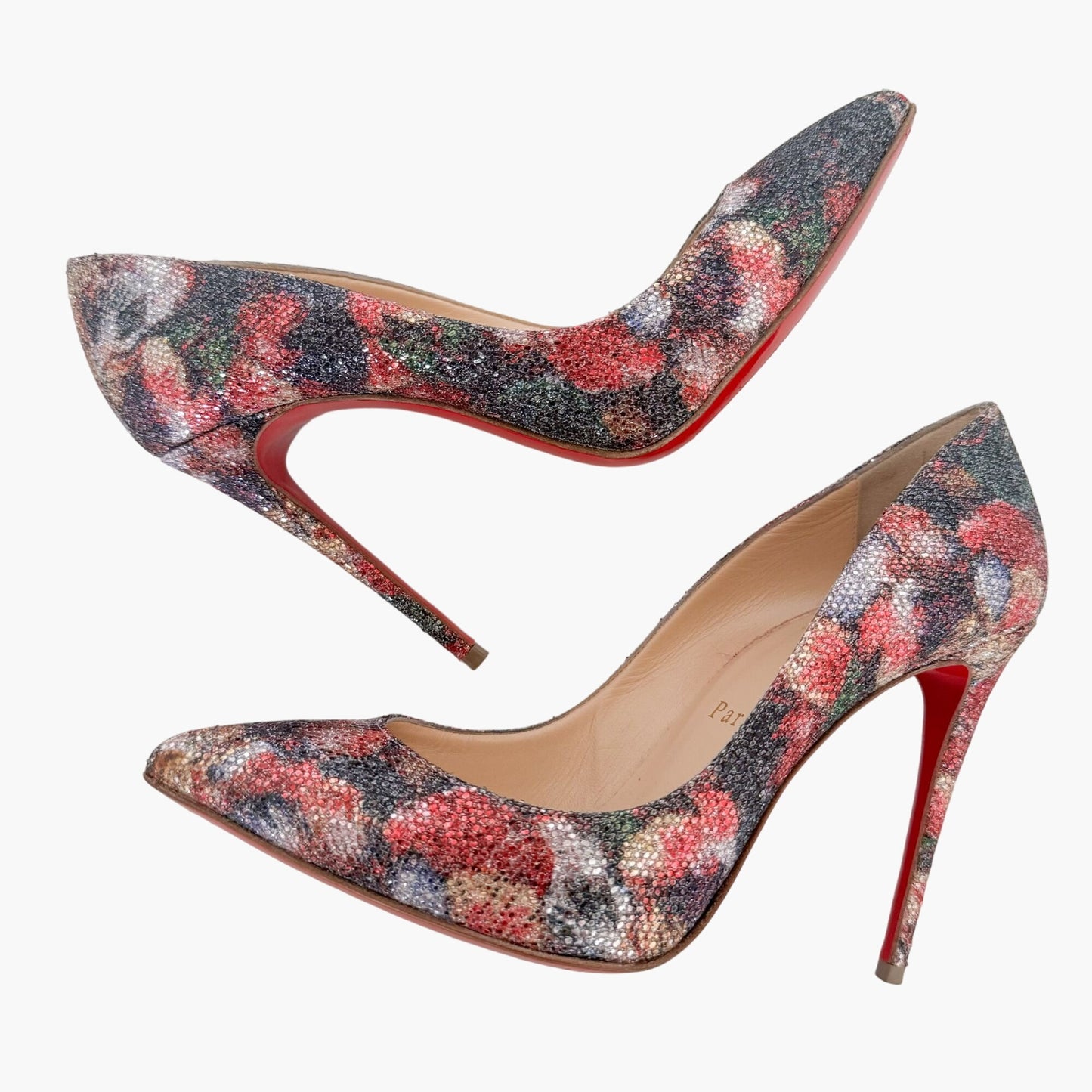 Christian Louboutin Pigalle Follies 100 Pumps in Multi Glitter Plume Size 37.5