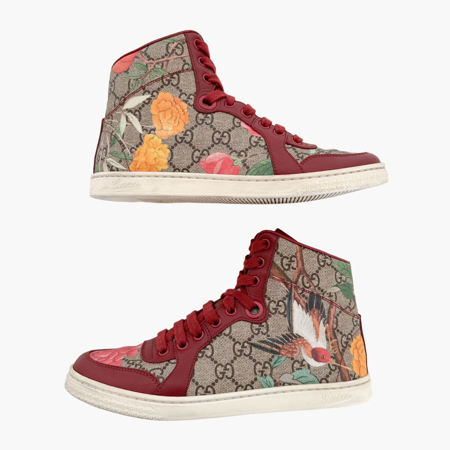 Gucci Tian High Top Sneakers in Floral GG Monogram Canvas & Red Leather Size 36