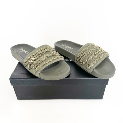 Chanel CC Chain Slide Sandals in Khaki Green Canvas Size 42