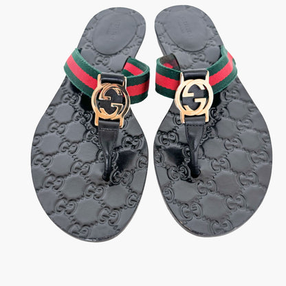 Gucci GG Web Stripe Thong Sandals in Black Size 37.5