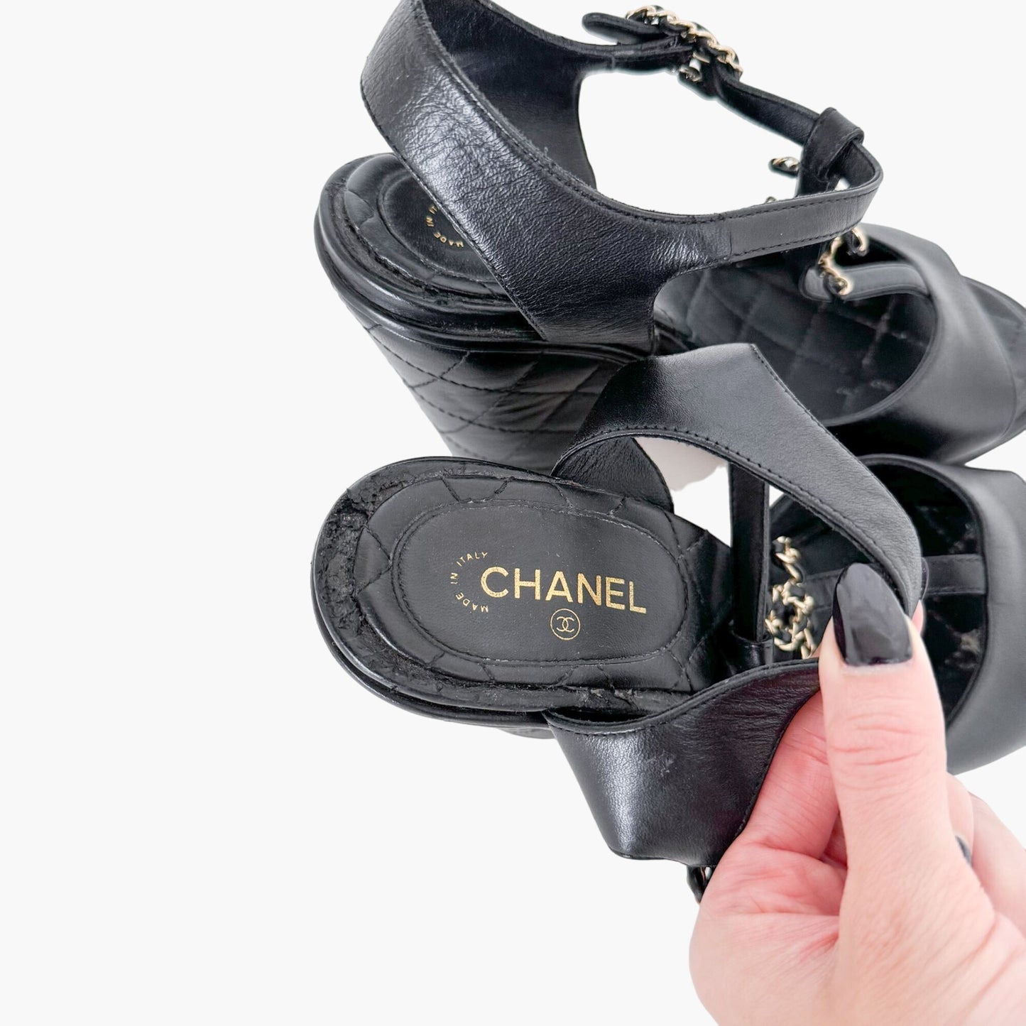 Chanel Chain CC Wedge Sandals in Black Leather Size 37.5