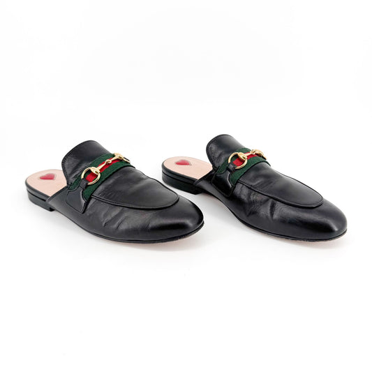 Gucci Princetown Web Stripe Horsebit Loafer Mules in Black Leather Size 36