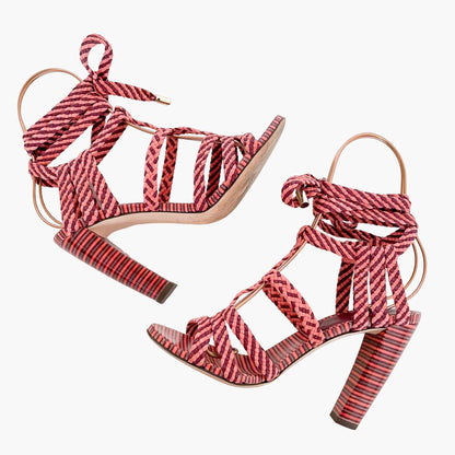 Jimmy Choo Trix 100mm Woven Ankle-Wrap Sandals in Coral Pink Size 38