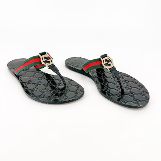 Gucci GG Web Stripe Thong Sandals in Black Size 38