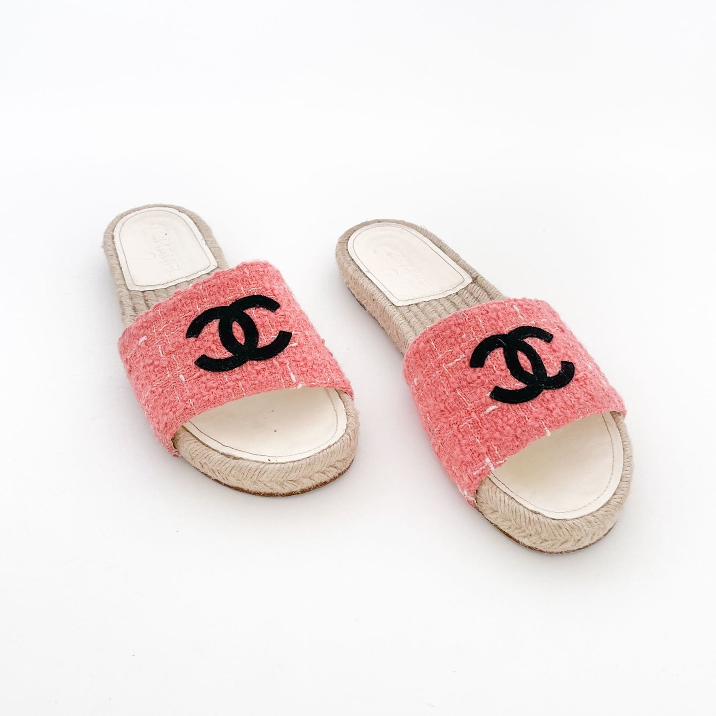 Chanel CC Espadrille Slide Sandals in Pink Tweed Size 40