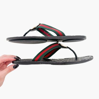 Gucci GG Web Stripe Thong Sandals in Black Size 37.5