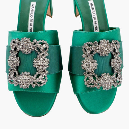 Manolo Blahnik Martanew Jewel Buckle Mules in Green Satin Size 38.5