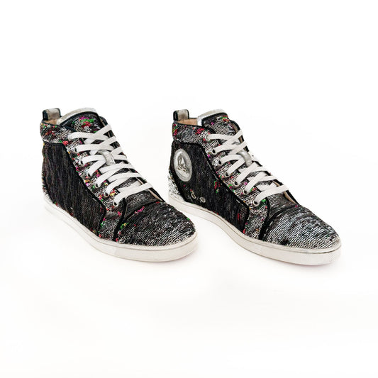 Christian Louboutin Bip Bip High Top Sneakers in Silver Flip Up Sequin Size 37.5