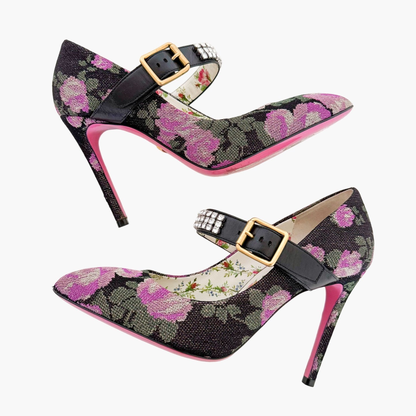 Gucci Sylvie Crystal-Embellished Mary Jane Pump in Black Floral Jacquard Size 36.5