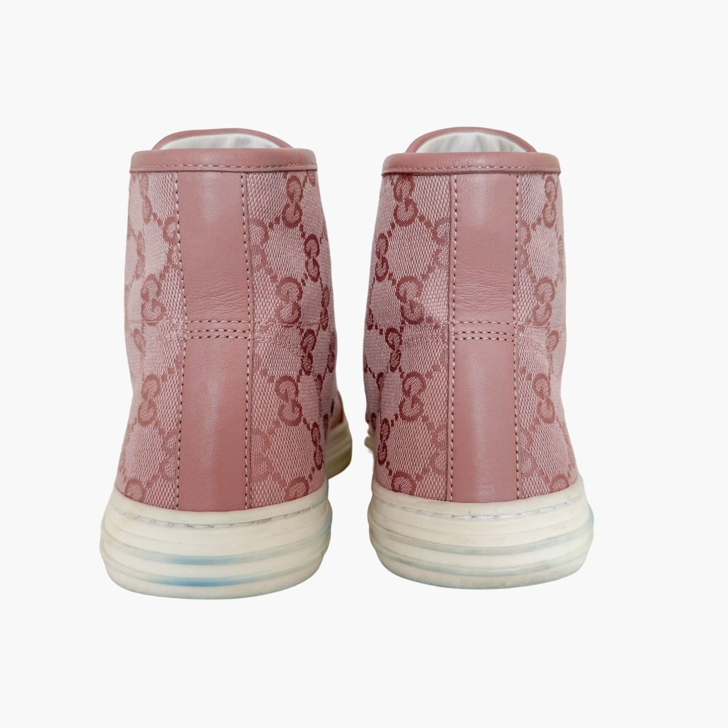 Gucci Rebel High Top Sneakers in Pink GG Monogram Canvas Size 37