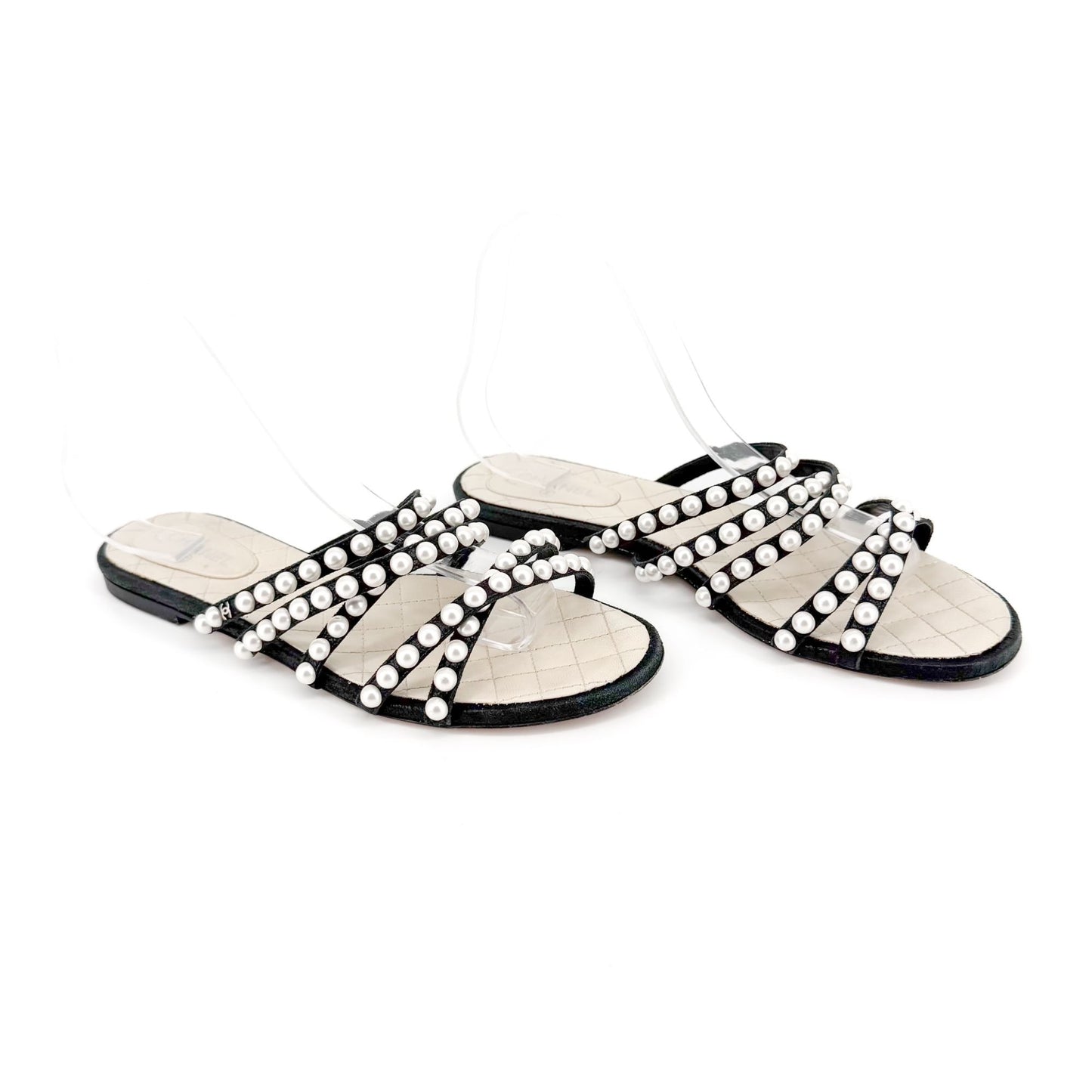 Chanel Pearl Strappy Flat Sandals Black White Size 38.5C