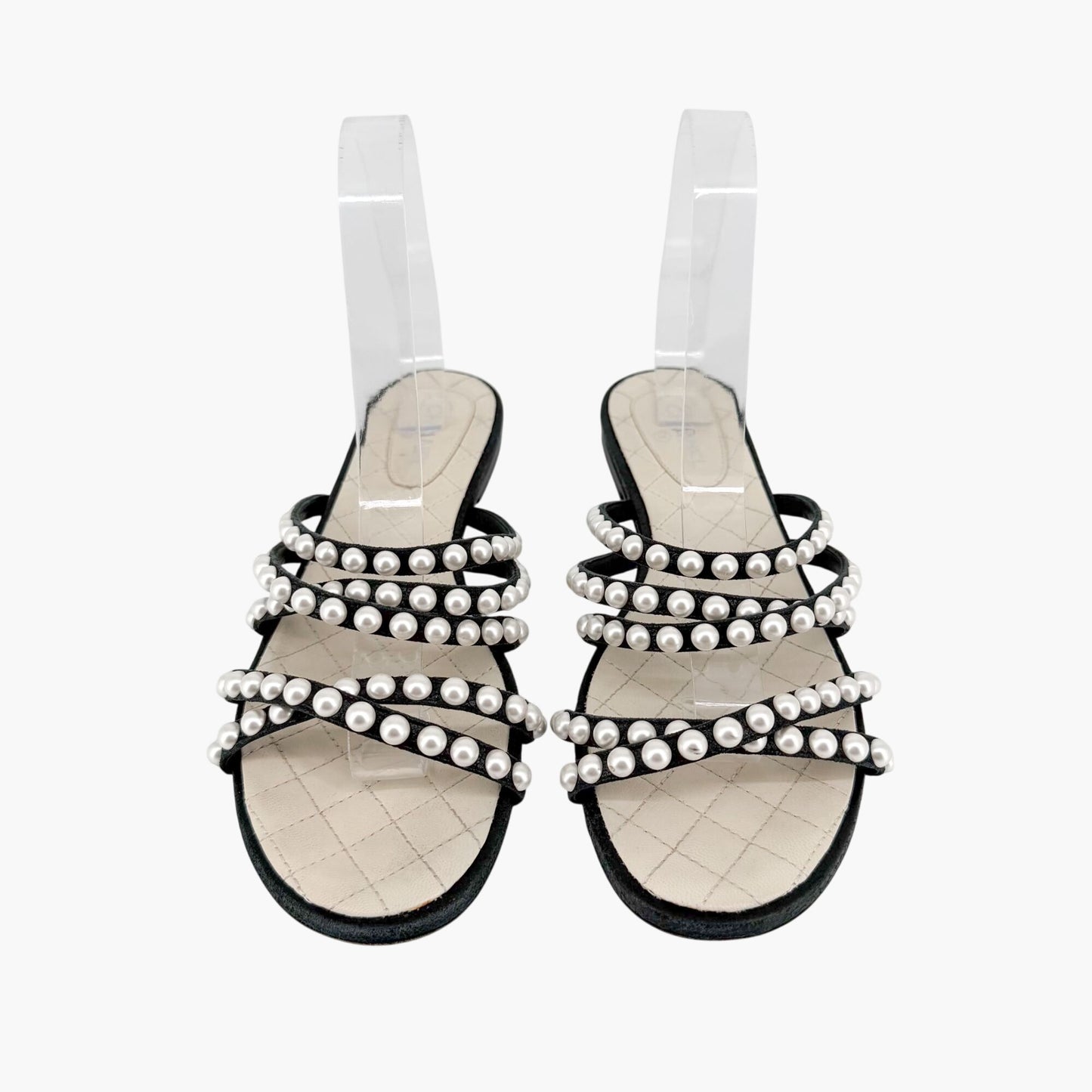 Chanel Pearl Strappy Flat Sandals Black White Size 38.5C
