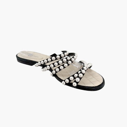 Chanel Pearl Strappy Flat Sandals Black White Size 38.5C