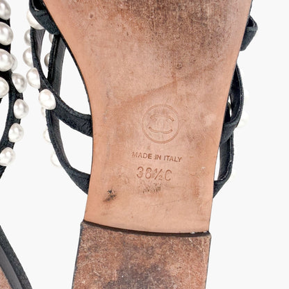 Chanel Pearl Strappy Flat Sandals Black White Size 38.5C