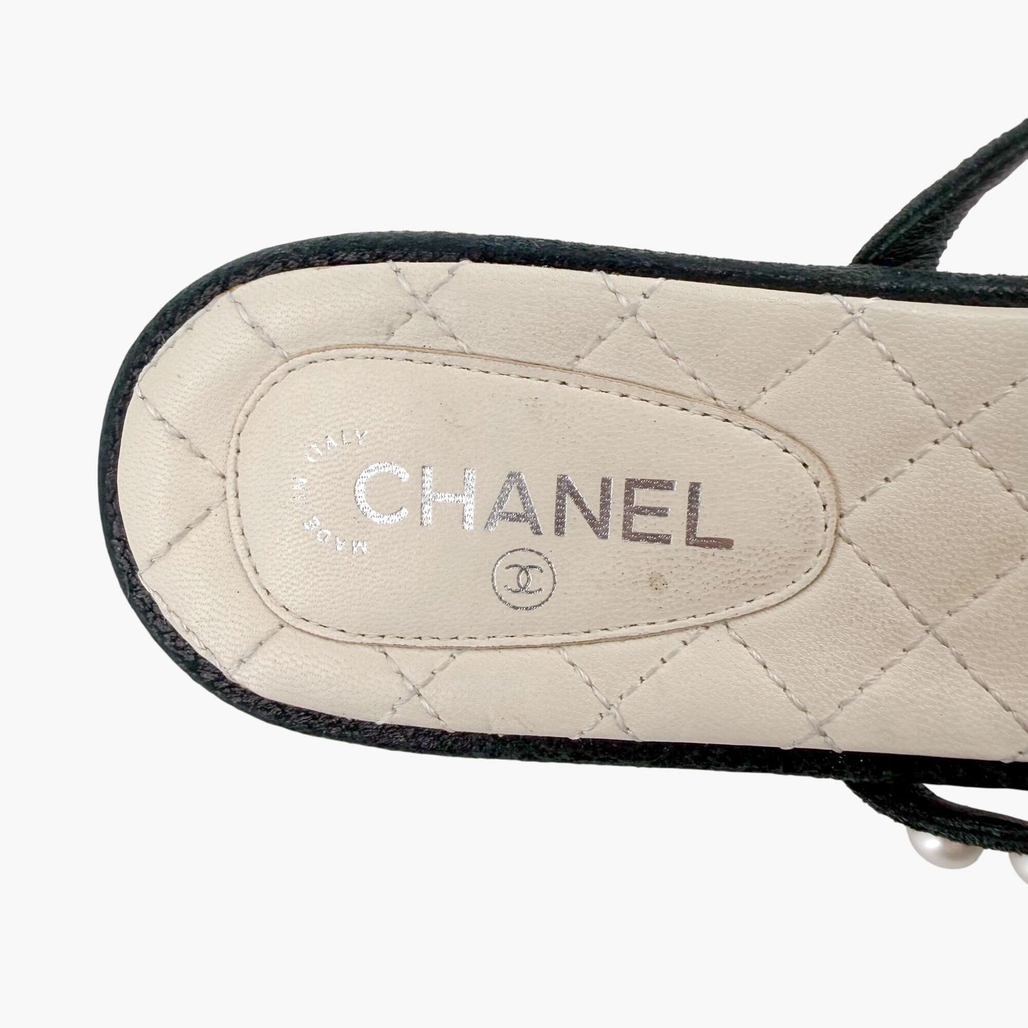 Chanel Pearl Strappy Flat Sandals Black White Size 38.5C