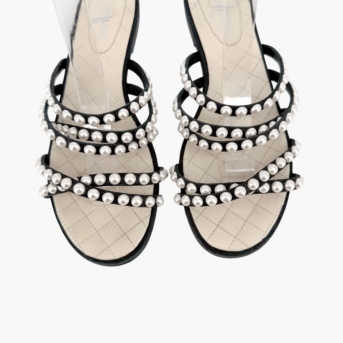 Chanel Pearl Strappy Flat Sandals Black White Size 38.5C
