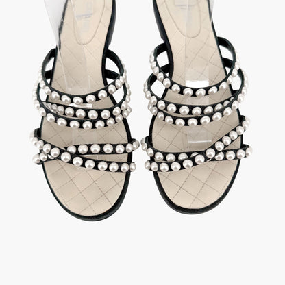 Chanel Pearl Strappy Flat Sandals Black White Size 38.5C