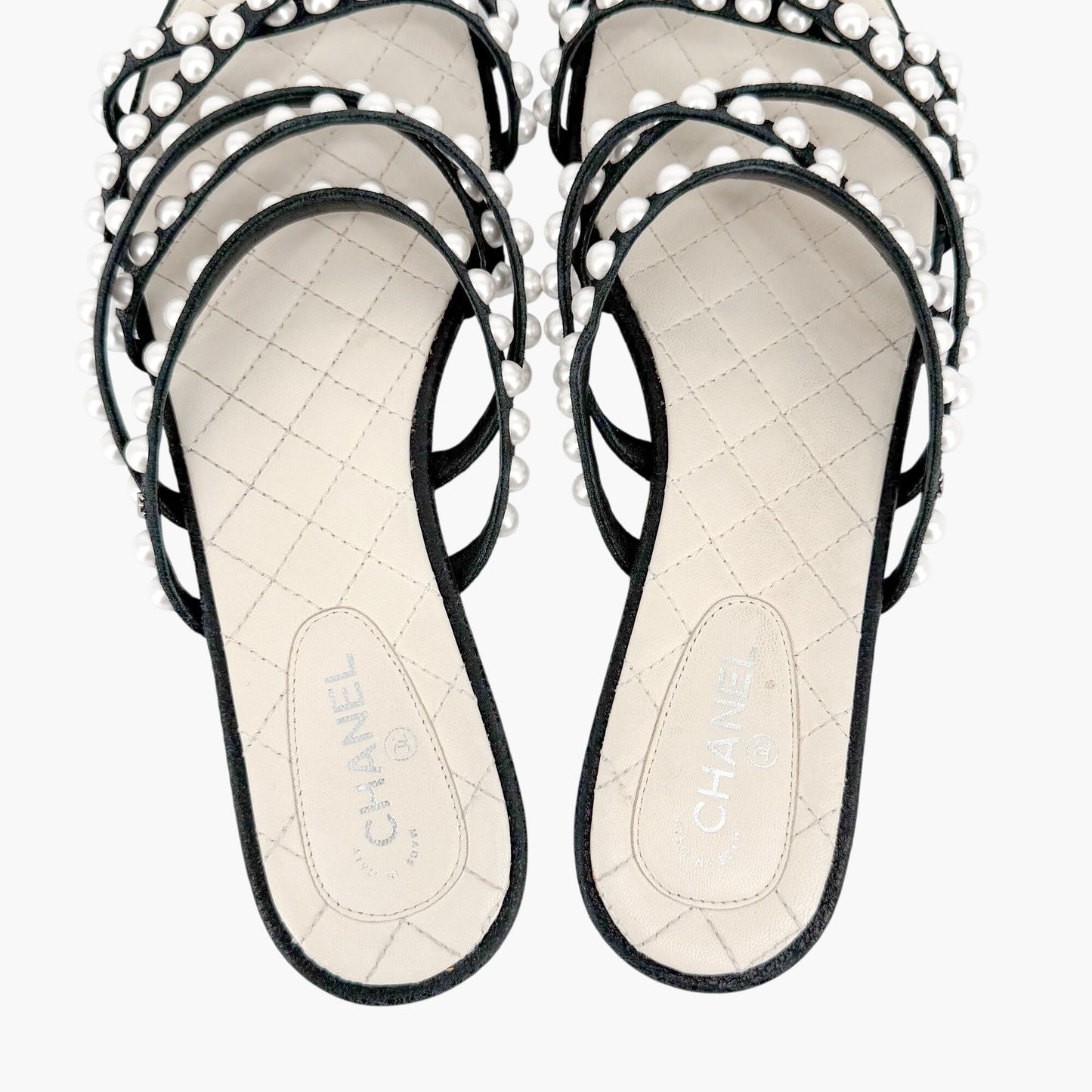 Chanel Pearl Strappy Flat Sandals Black White Size 38.5C