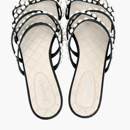 Chanel Pearl Strappy Flat Sandals Black White Size 38.5C