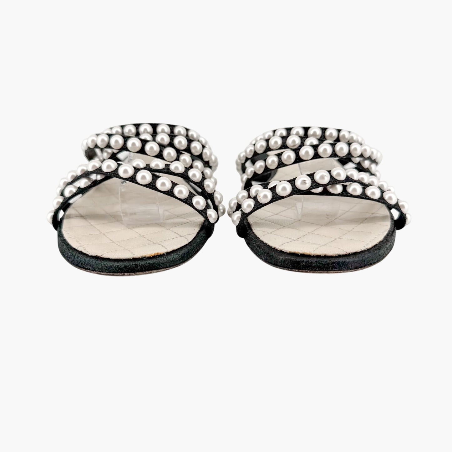 Chanel Pearl Strappy Flat Sandals Black White Size 38.5C