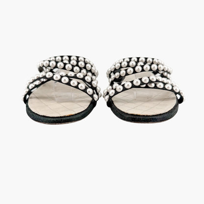 Chanel Pearl Strappy Flat Sandals Black White Size 38.5C