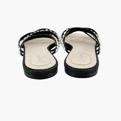 Chanel Pearl Strappy Flat Sandals Black White Size 38.5C