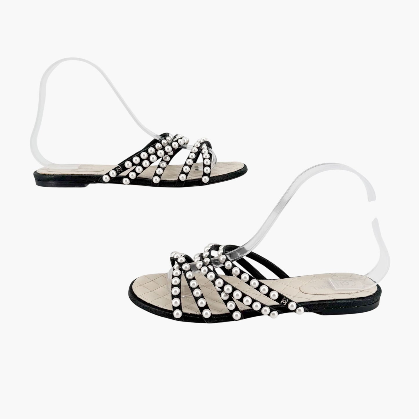 Chanel Pearl Strappy Flat Sandals Black White Size 38.5C