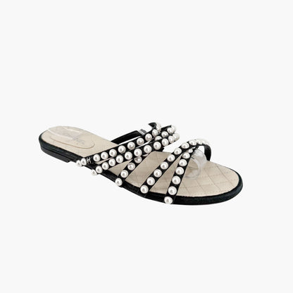 Chanel Pearl Strappy Flat Sandals Black White Size 38.5C