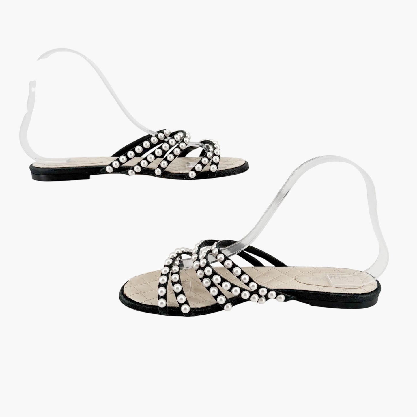 Chanel Pearl Strappy Flat Sandals Black White Size 38.5C
