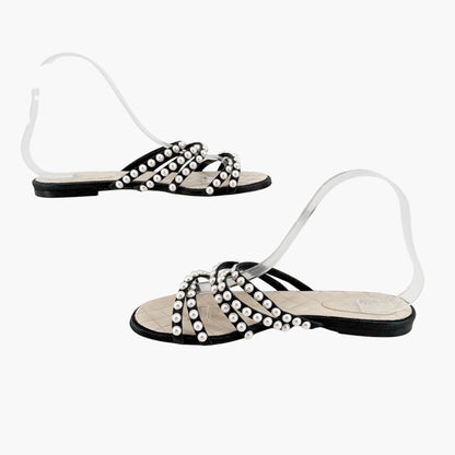 Chanel Pearl Strappy Flat Sandals Black White Size 38.5C