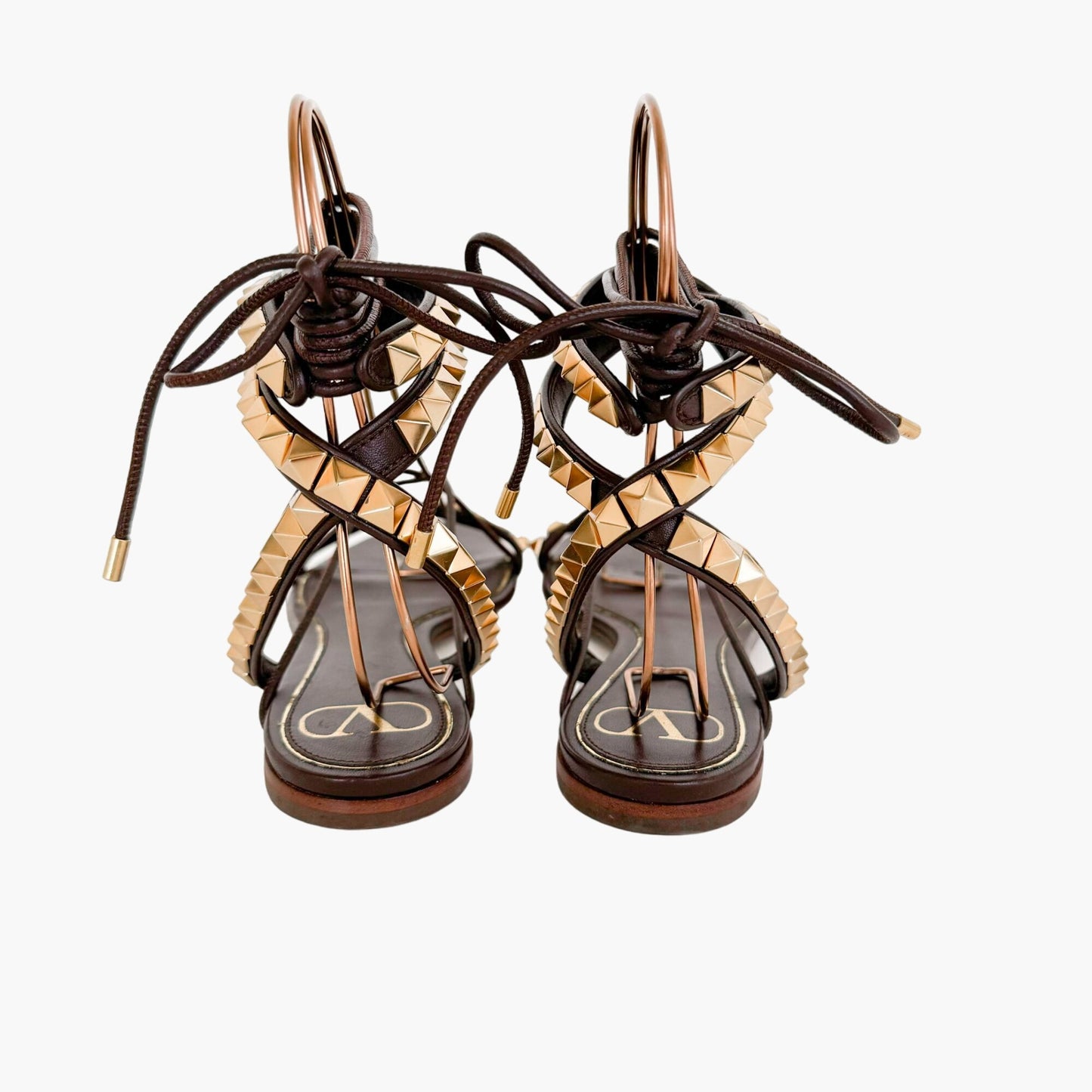 Valentino Garavani Rockstud Wrap Sandals in Brown Leather Size 38