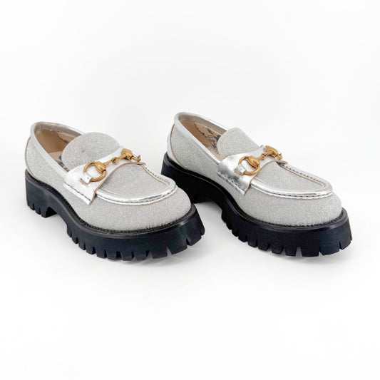 Gucci Harald Horsebit Lug Sole Loafers in Mini Diamond Storm (Silver Glitter) Size 36.5