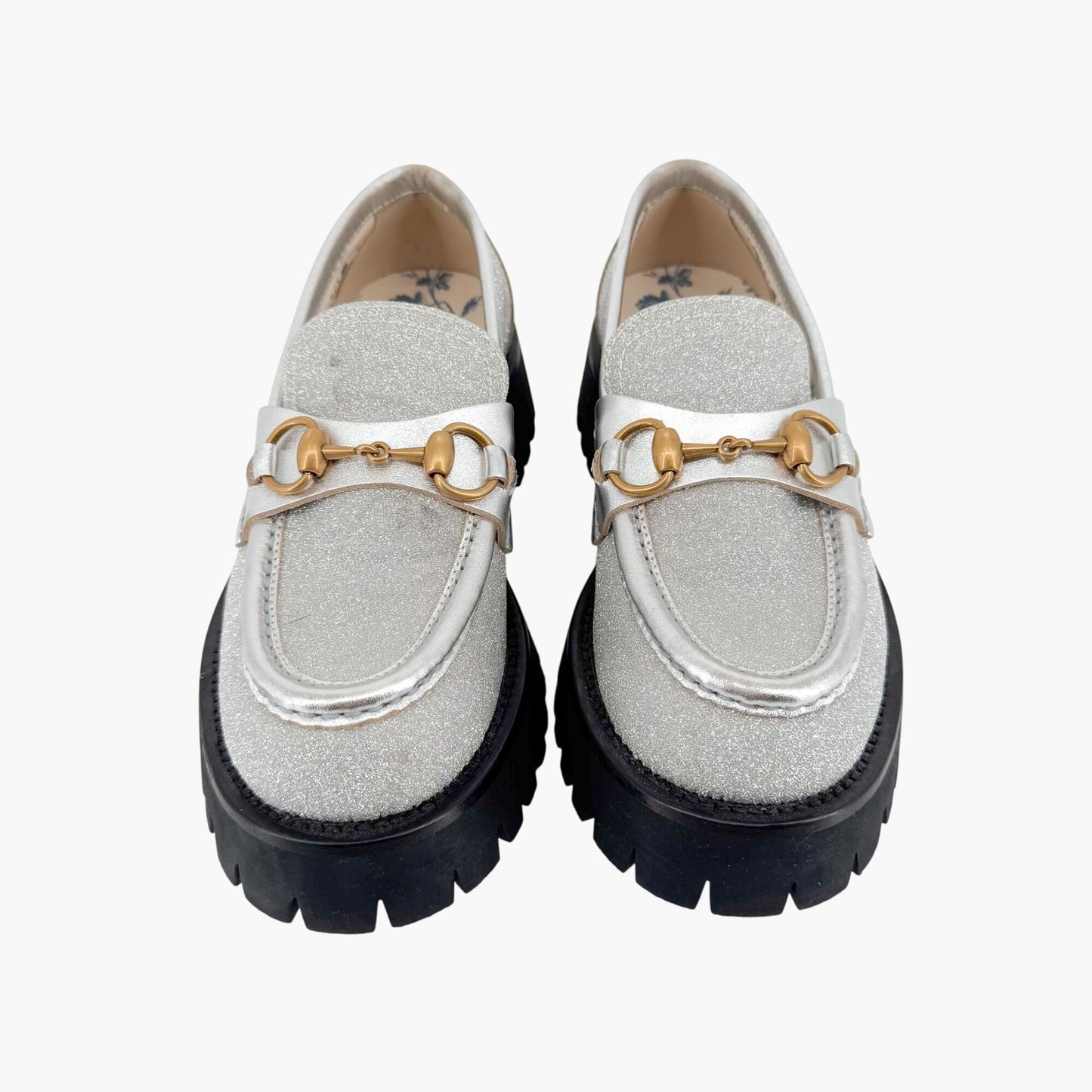 Gucci Harald Horsebit Lug Sole Loafers in Mini Diamond Storm (Silver Glitter) Size 36.5