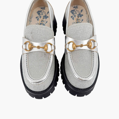 Gucci Harald Horsebit Lug Sole Loafers in Mini Diamond Storm (Silver Glitter) Size 36.5