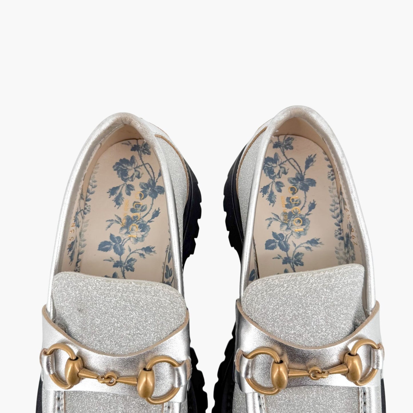 Gucci Harald Horsebit Lug Sole Loafers in Mini Diamond Storm (Silver Glitter) Size 36.5