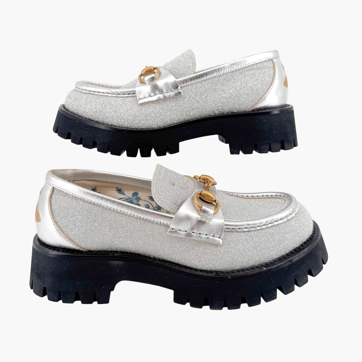 Gucci Harald Horsebit Lug Sole Loafers in Mini Diamond Storm (Silver Glitter) Size 36.5