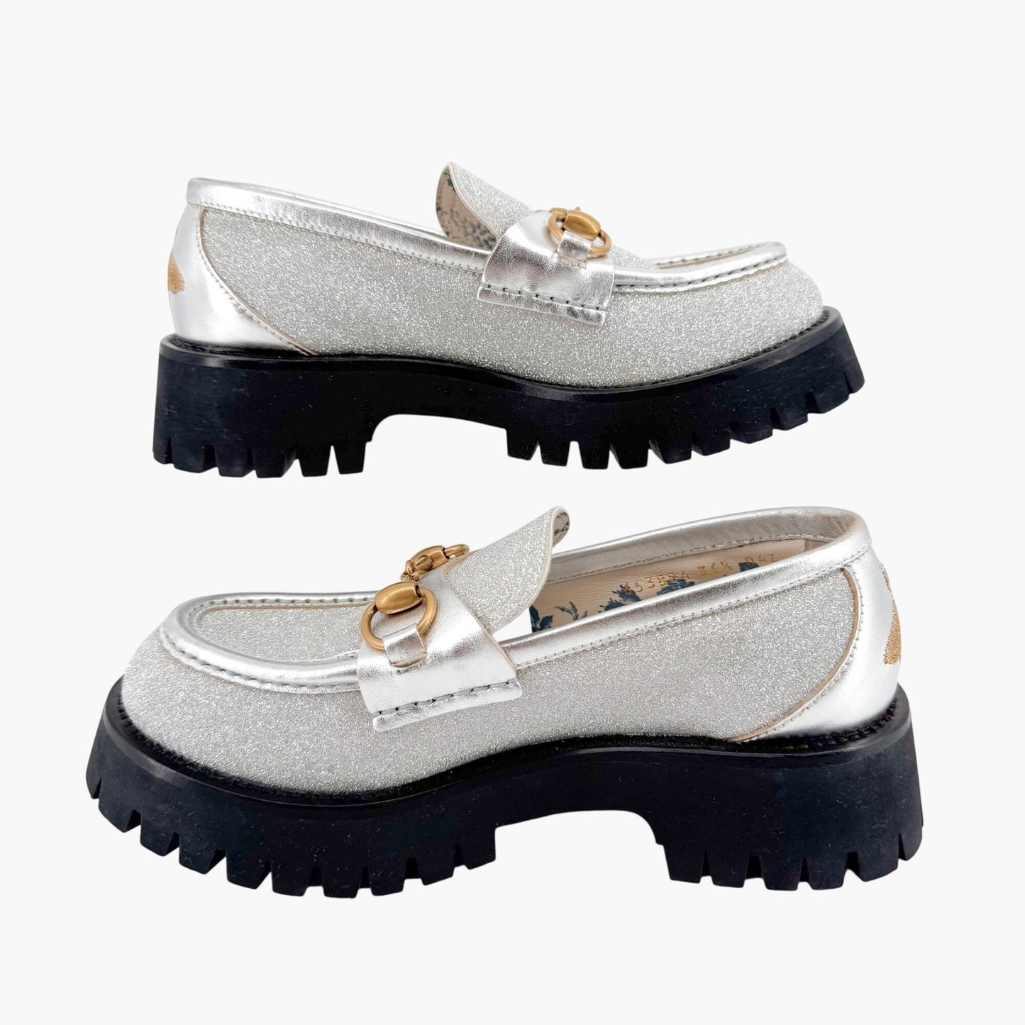 Gucci Harald Horsebit Lug Sole Loafers in Mini Diamond Storm (Silver Glitter) Size 36.5