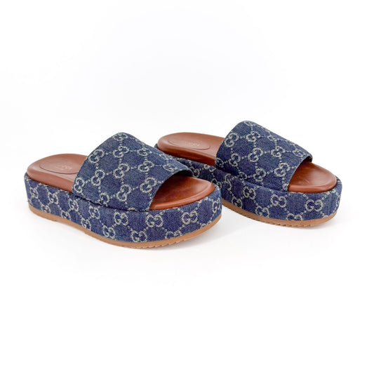 Gucci Angelina Platform Slide Sandals Blue GG Denim Size 38