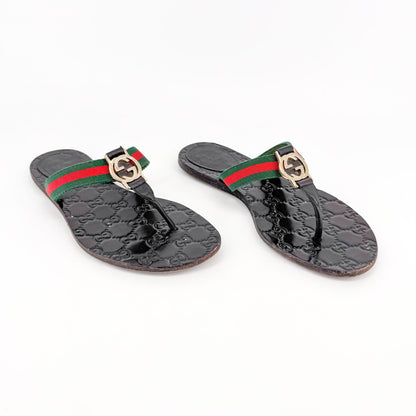 Gucci Interlocking G Web Stripe Thong Sandals in Black GG Monogram Leather Size 37