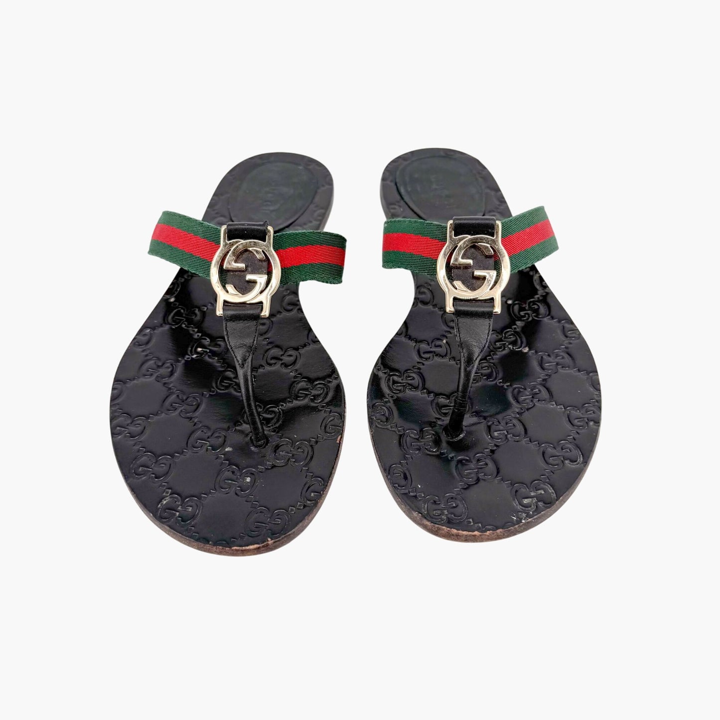 Gucci Interlocking G Web Stripe Thong Sandals in Black GG Monogram Leather Size 37