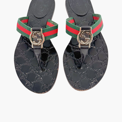 Gucci Interlocking G Web Stripe Thong Sandals in Black GG Monogram Leather Size 37